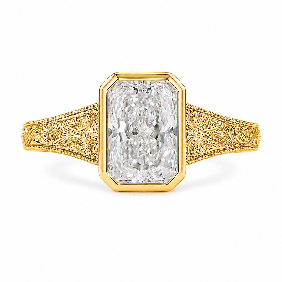 2.50 CT Vintage Radiant Cut Lab-Grown Diamond Engagement Ring in 14K White Gold – Bezel Set Floral Engraved Design