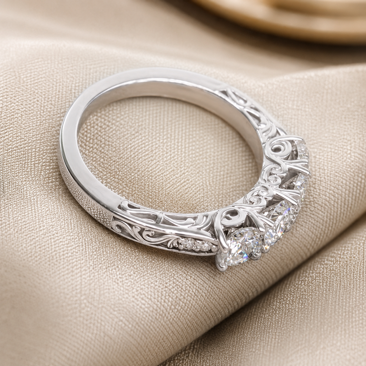 1.00 CT Vintage Four Stone Lab-Grown Diamond Wedding Band in 14K White Gold – Engraved Stacking Anniversary Ring