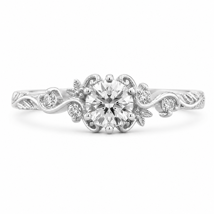 1.00 CT Round Cut Lab-Grown Diamond Engagement Ring in 14K White Gold â€“ Vintage Floral Leafy Engraved Design from Diamond Studio