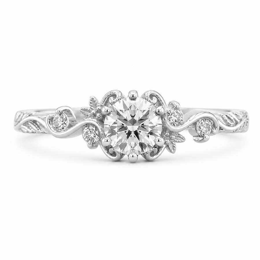 1.00 CT Round Cut Lab-Grown Diamond Engagement Ring in 14K White Gold – Vintage Floral Leafy Engraved Design