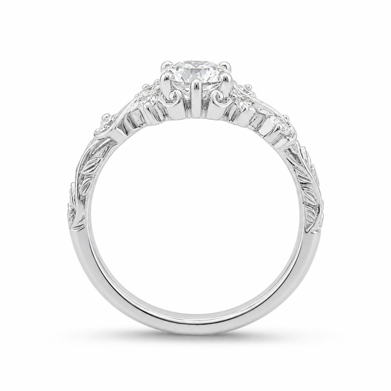 1.00 CT Round Cut Lab-Grown Diamond Engagement Ring in 14K White Gold – Vintage Floral Leafy Engraved Design