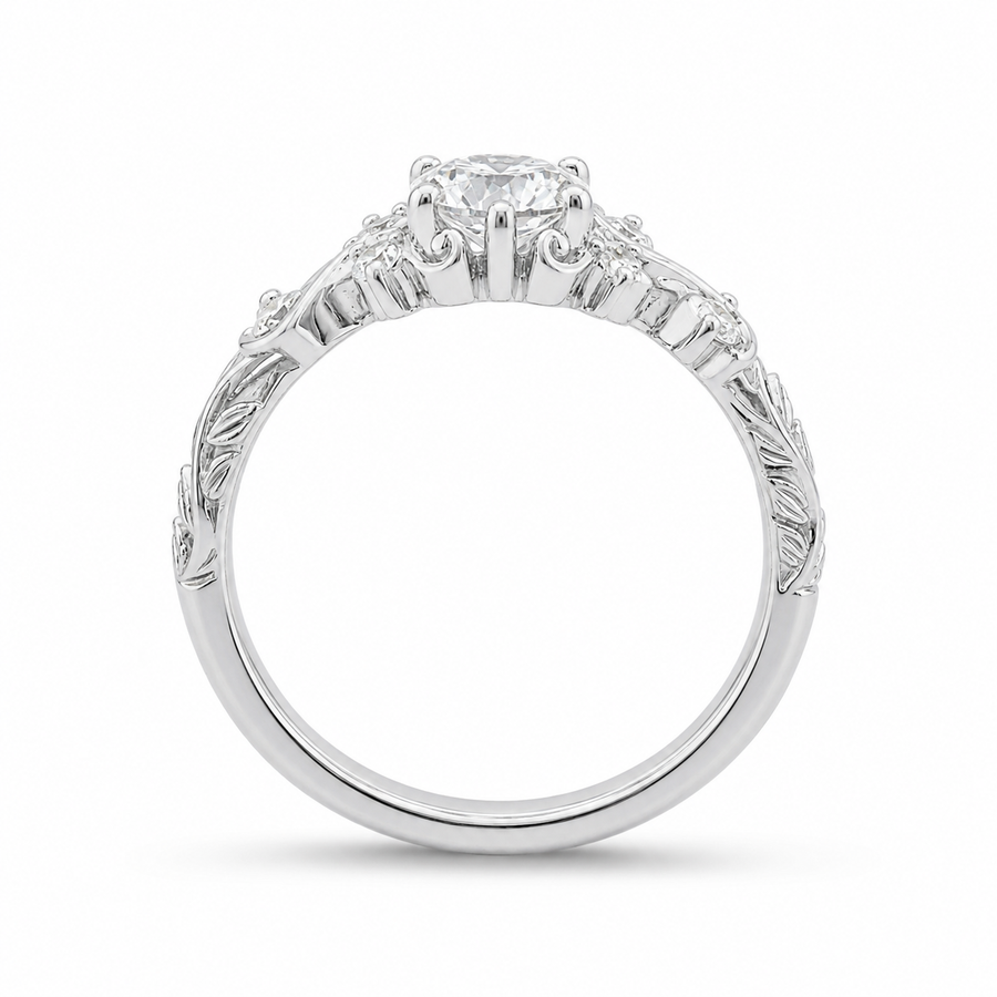 1.00 CT Round Cut Lab-Grown Diamond Engagement Ring in 14K White Gold – Vintage Floral Leafy Engraved Design