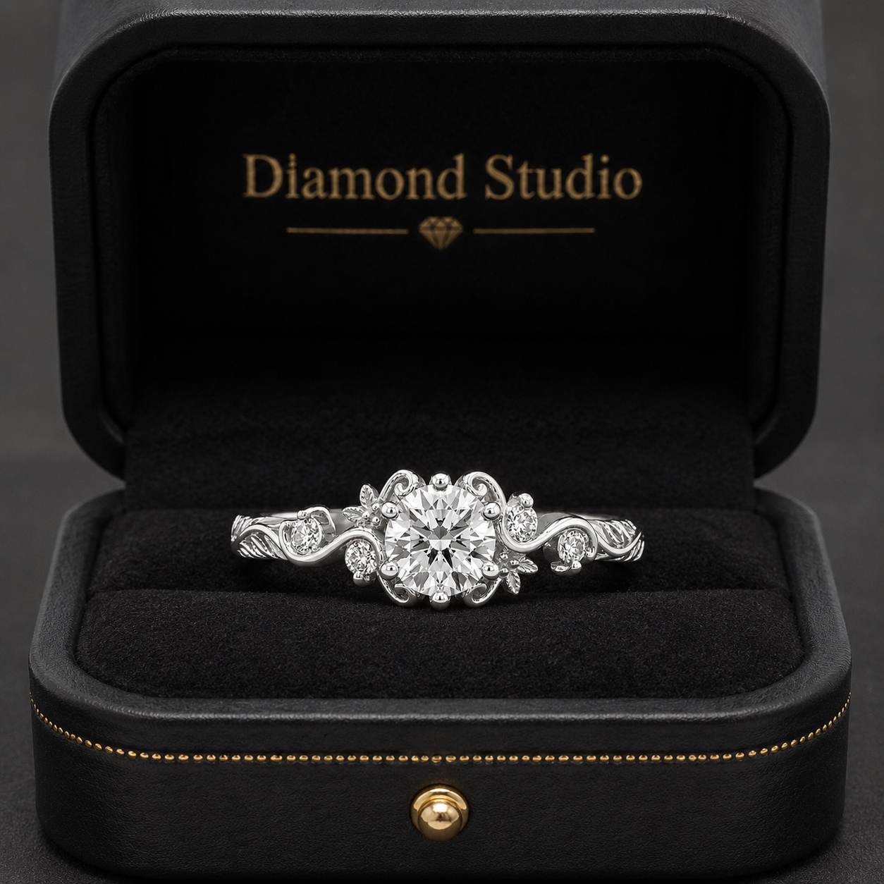 1.00 CT Round Cut Lab-Grown Diamond Engagement Ring in 14K White Gold – Vintage Floral Leafy Engraved Design