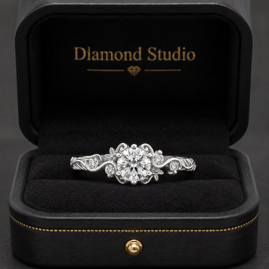 1.00 CT Round Cut Lab-Grown Diamond Engagement Ring in 14K White Gold – Vintage Floral Leafy Engraved Design