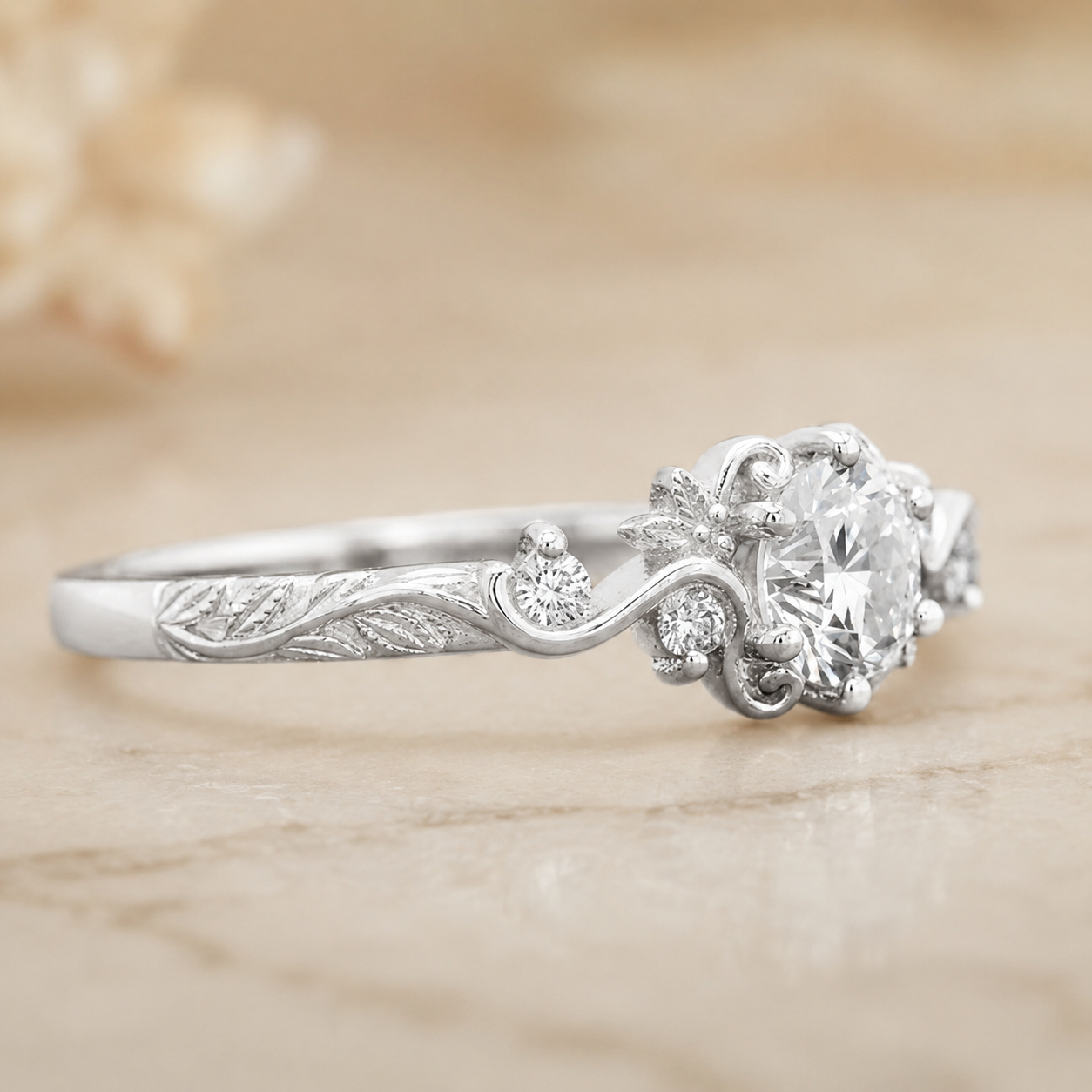 1.00 CT Round Cut Lab-Grown Diamond Engagement Ring in 14K White Gold – Vintage Floral Leafy Engraved Design