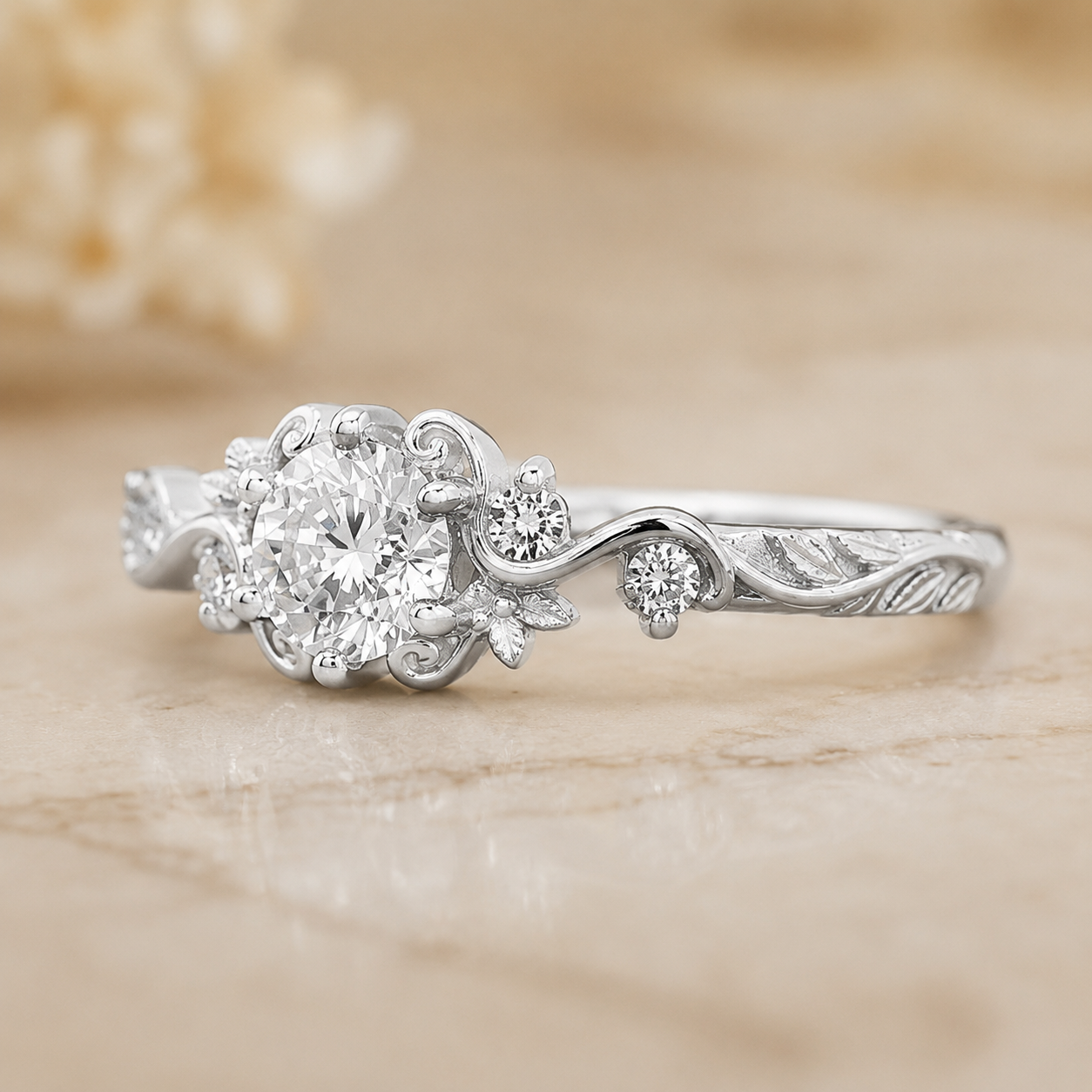 1.00 CT Round Cut Lab-Grown Diamond Engagement Ring in 14K White Gold – Vintage Floral Leafy Engraved Design