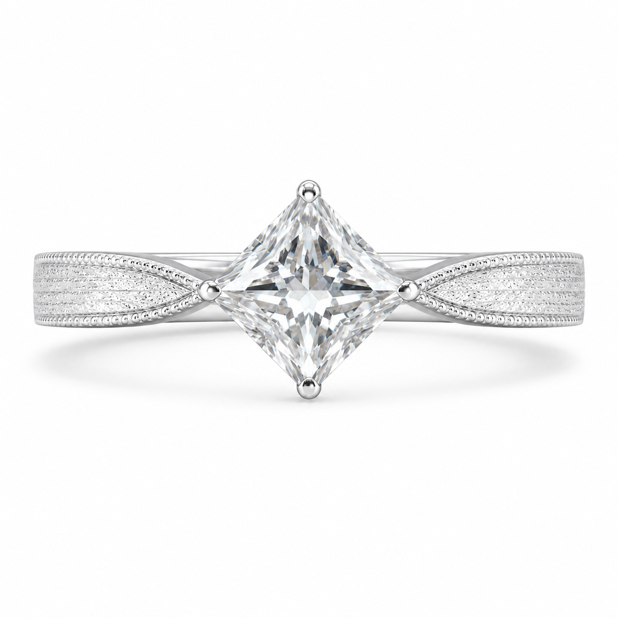 1.00 CT Princess Cut Lab-Grown Diamond Engagement Ring in 14K White Gold – Vintage Engraved Minimalist Couple Band