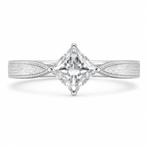 1.00 CT Princess Cut Lab-Grown Diamond Engagement Ring in 14K White Gold – Vintage Engraved Minimalist Couple Band
