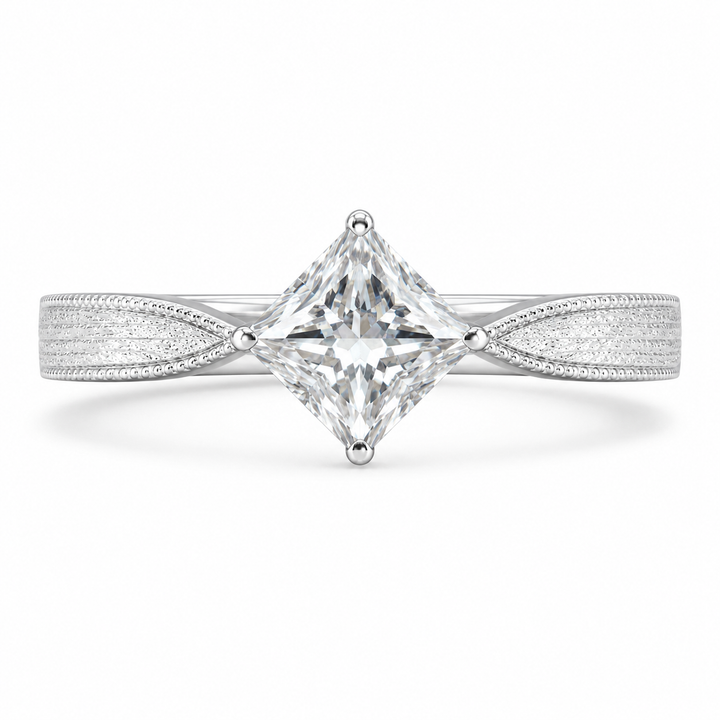 1.00 CT Princess Cut Lab-Grown Diamond Engagement Ring in 14K White Gold â€“ Vintage Engraved Minimalist Couple Band from Diamond Studio