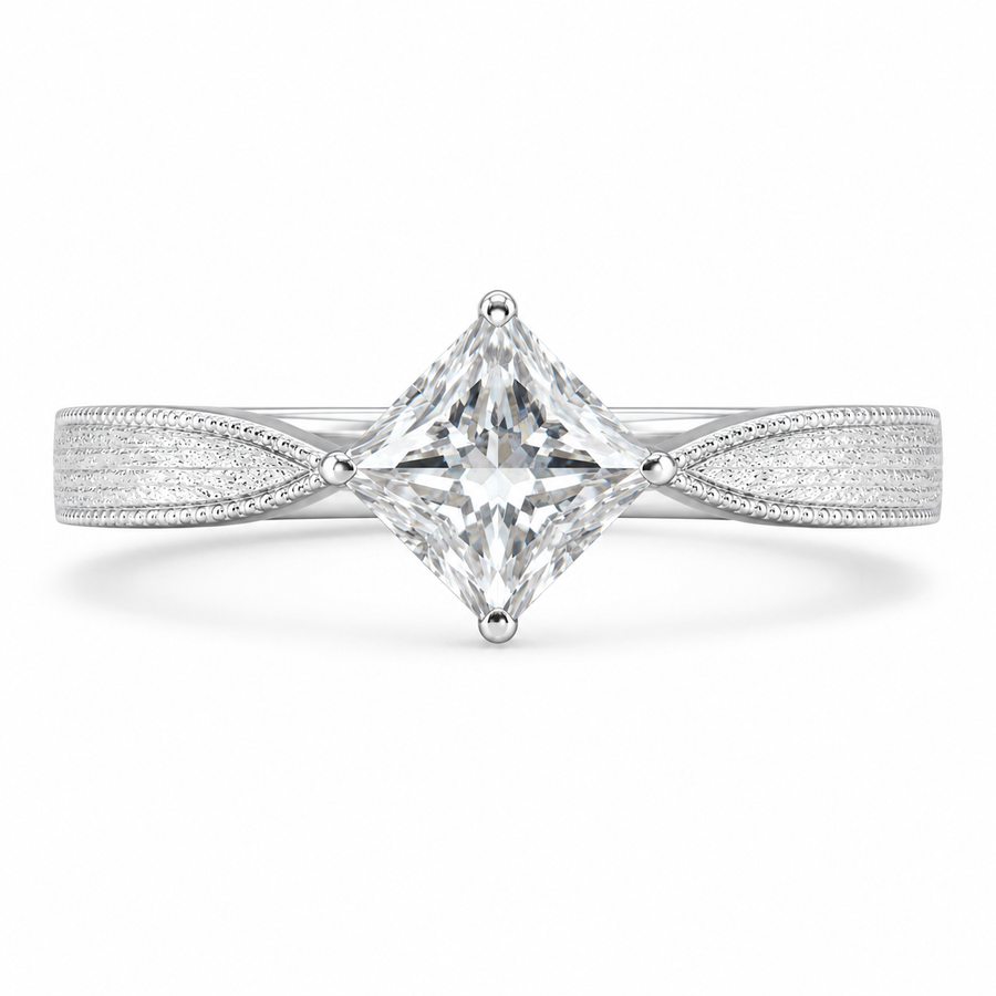 1.00 CT Princess Cut Lab-Grown Diamond Engagement Ring in 14K White Gold – Vintage Engraved Minimalist Couple Band