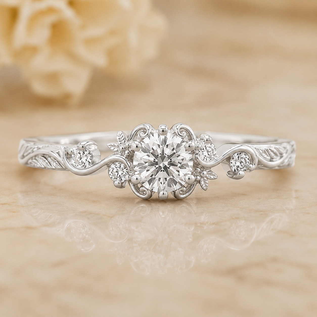 1.00 CT Round Cut Lab-Grown Diamond Engagement Ring in 14K White Gold – Vintage Floral Leafy Engraved Design