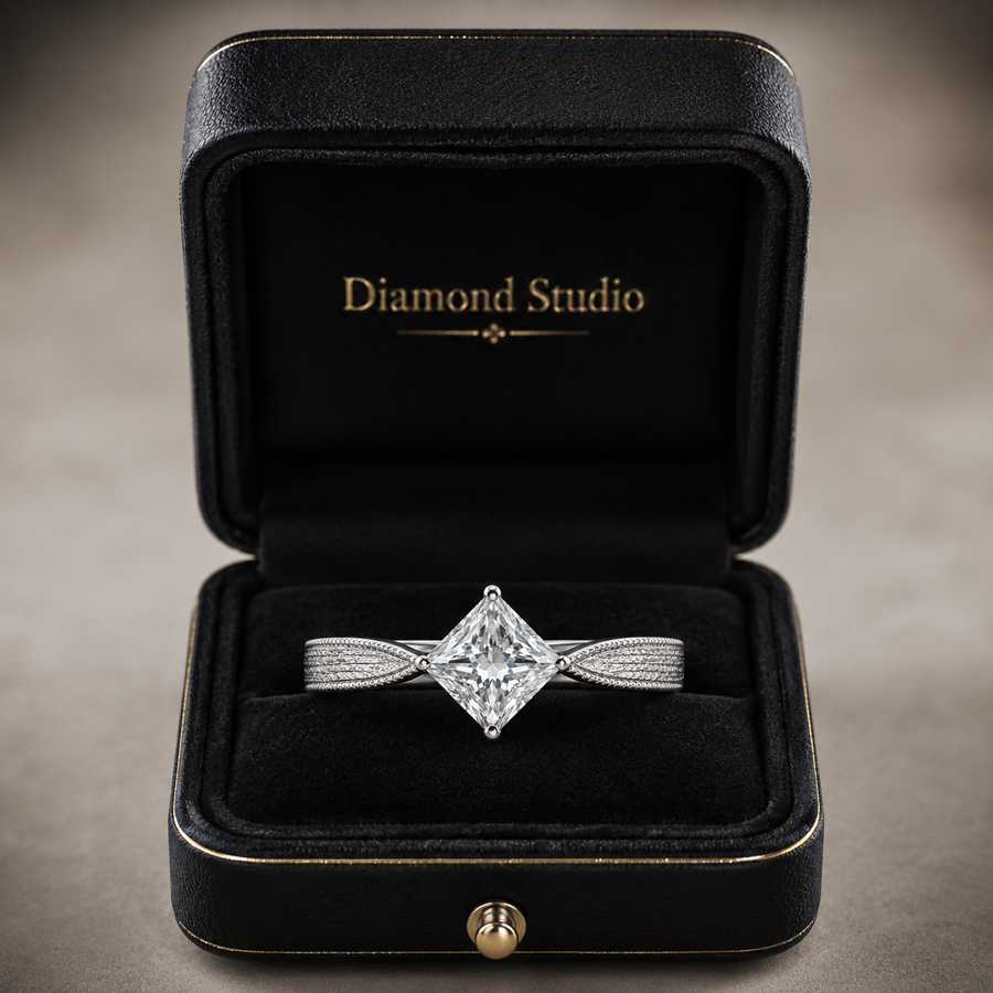 1.00 CT Princess Cut Lab-Grown Diamond Engagement Ring in 14K White Gold – Vintage Engraved Minimalist Couple Band