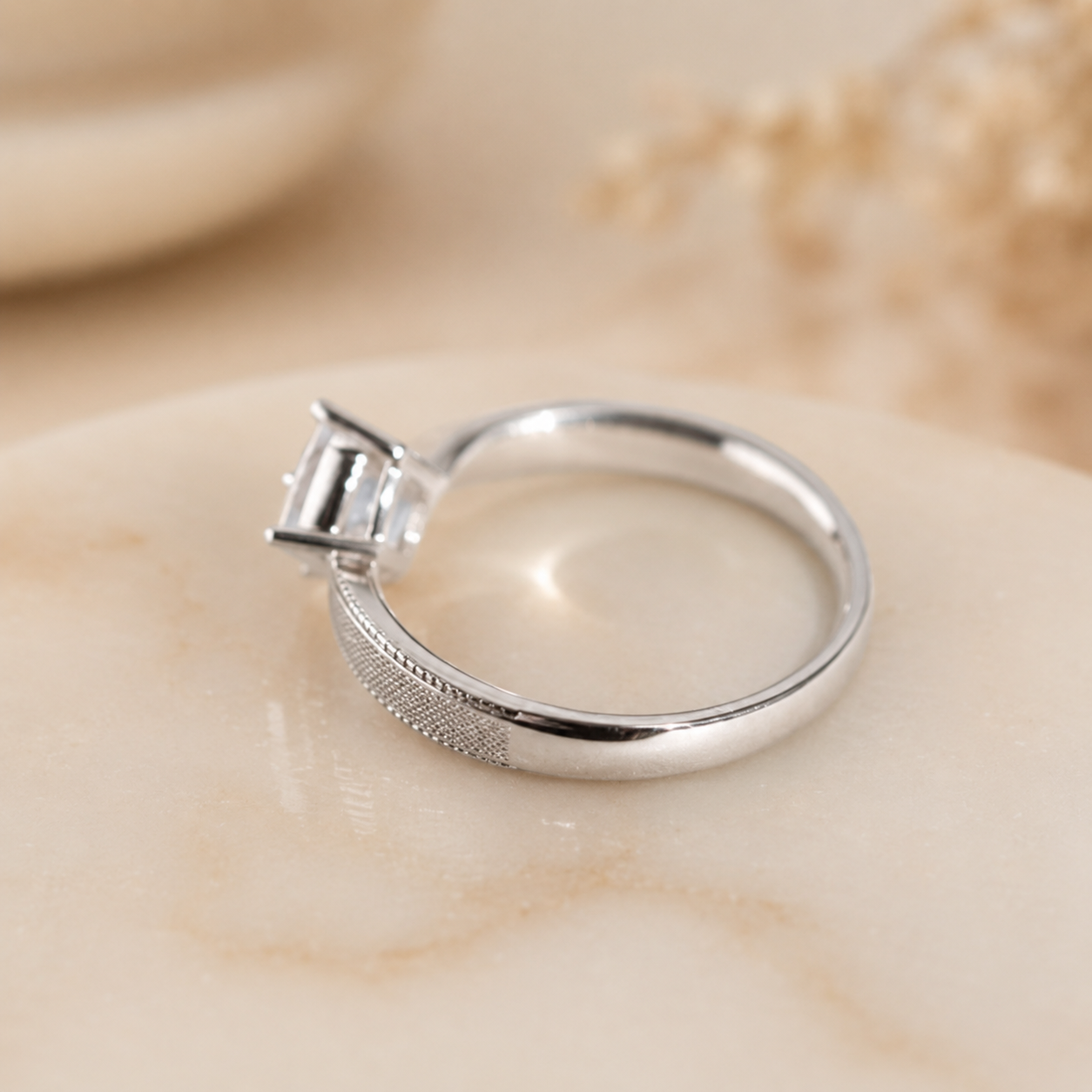 1.00 CT Princess Cut Lab-Grown Diamond Engagement Ring in 14K White Gold – Vintage Engraved Minimalist Couple Band