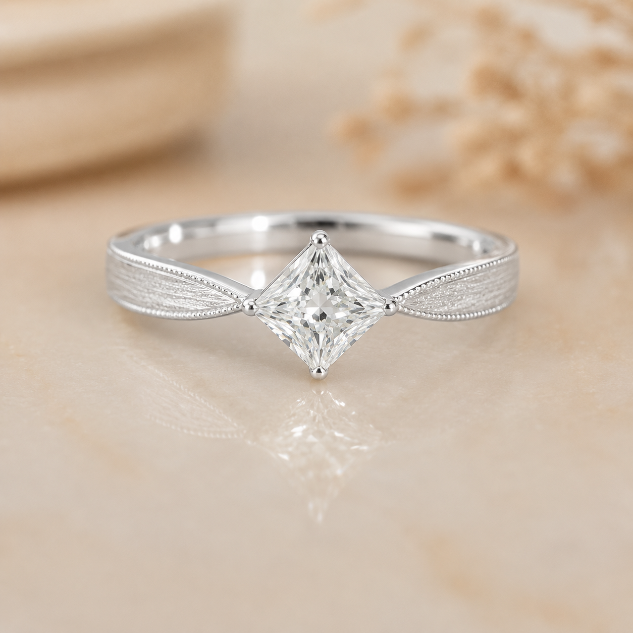1.00 CT Princess Cut Lab-Grown Diamond Engagement Ring in 14K White Gold – Vintage Engraved Minimalist Couple Band