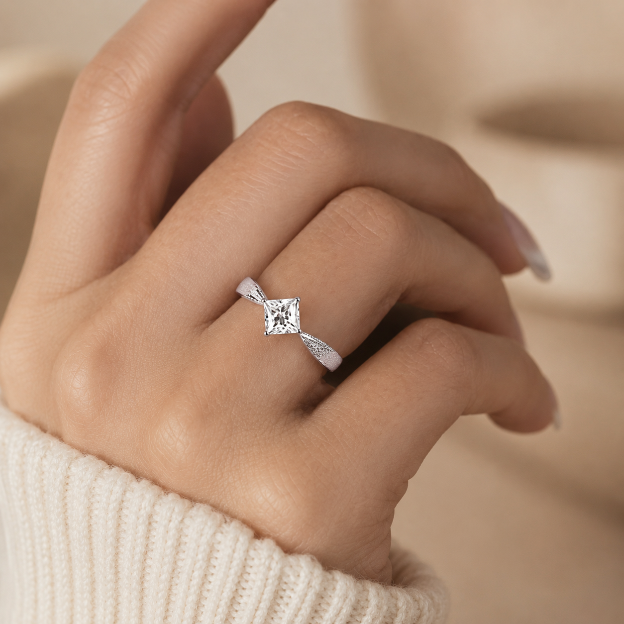 1.00 CT Princess Cut Lab-Grown Diamond Engagement Ring in 14K White Gold – Vintage Engraved Minimalist Couple Band