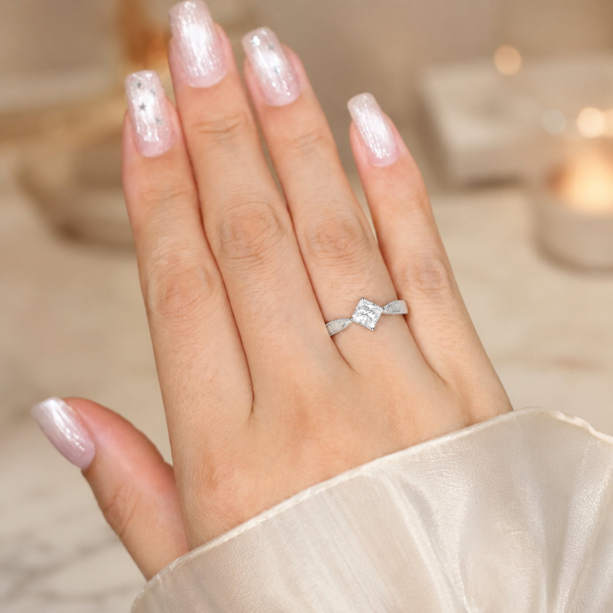 1.00 CT Princess Cut Lab-Grown Diamond Engagement Ring in 14K White Gold – Vintage Engraved Minimalist Couple Band