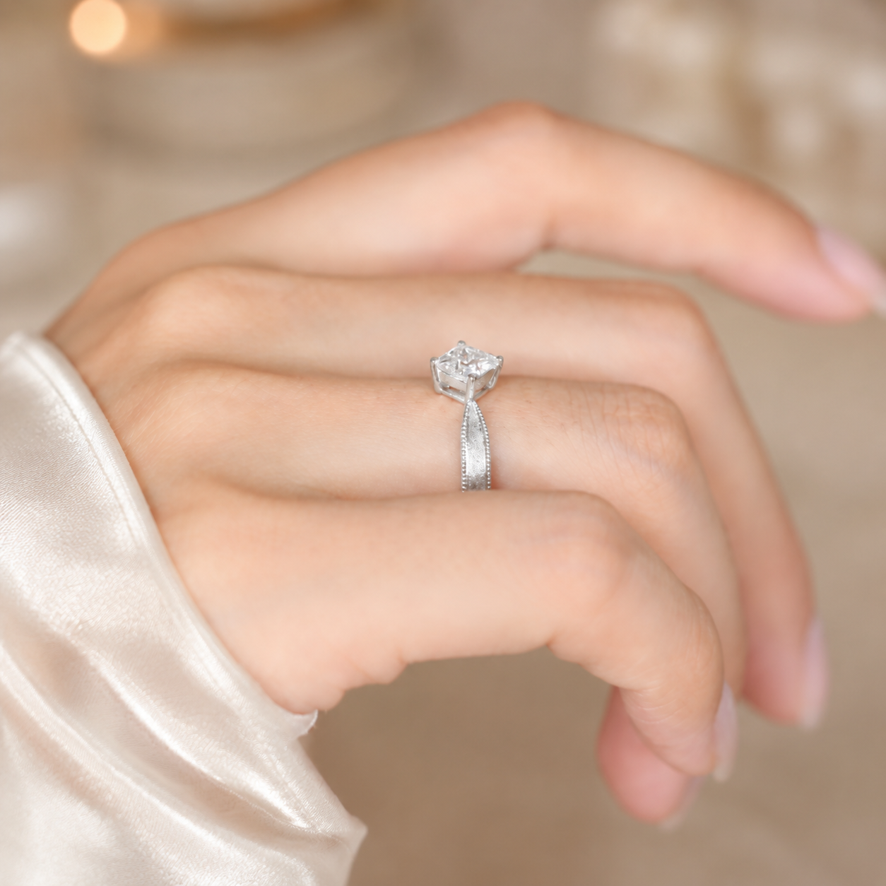 1.00 CT Princess Cut Lab-Grown Diamond Engagement Ring in 14K White Gold – Vintage Engraved Minimalist Couple Band