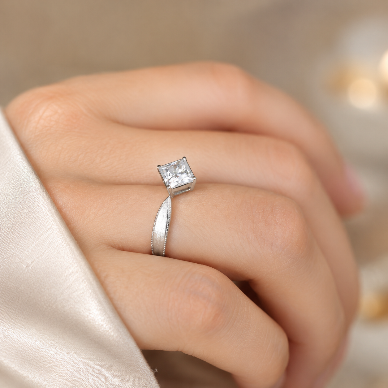 1.00 CT Princess Cut Lab-Grown Diamond Engagement Ring in 14K White Gold – Vintage Engraved Minimalist Couple Band