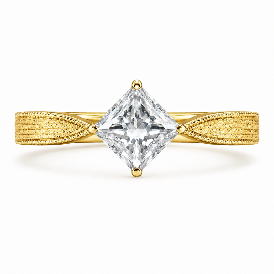 1.00 CT Princess Cut Lab-Grown Diamond Engagement Ring in 14K White Gold – Vintage Engraved Minimalist Couple Band