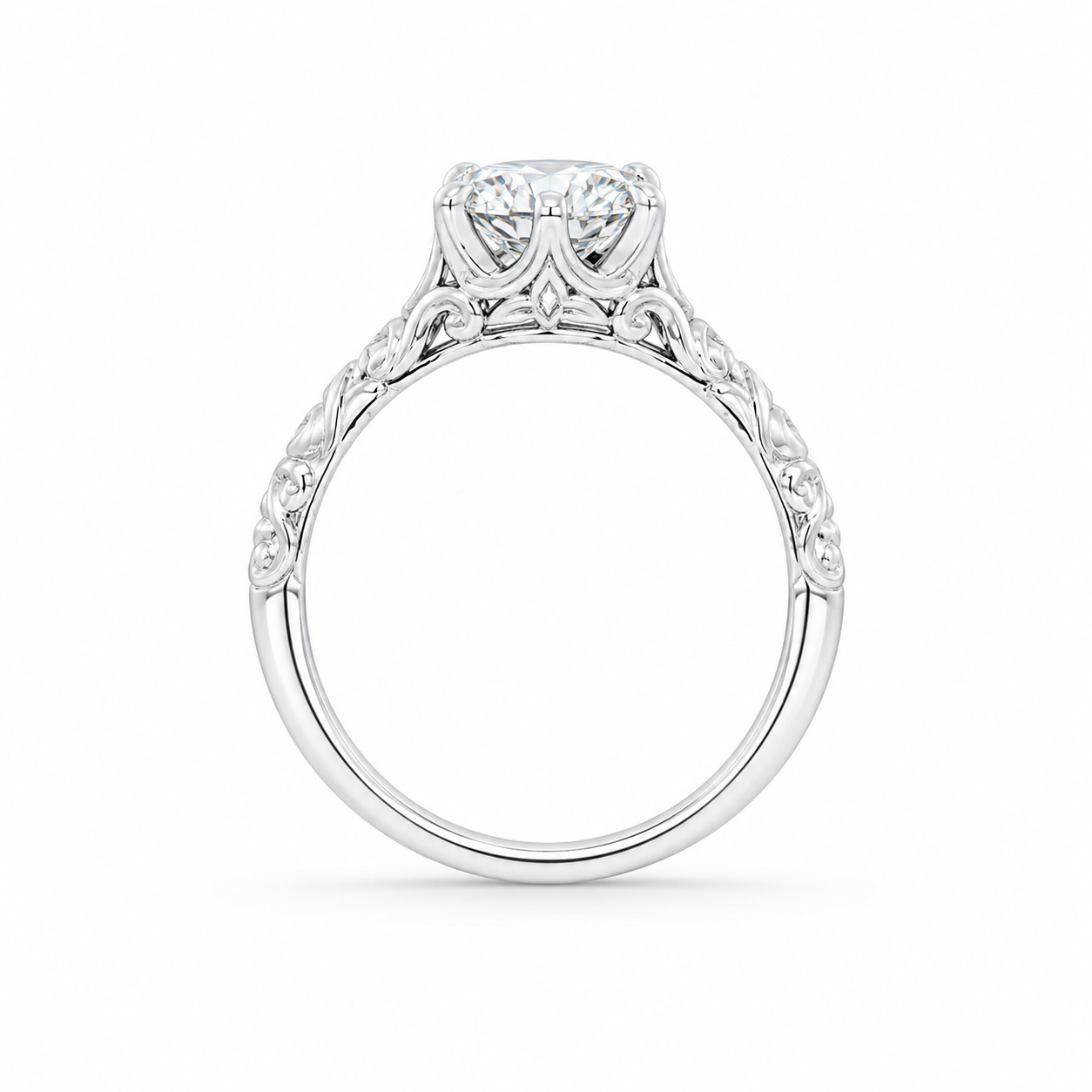 1.50 CT Round Lab-Grown Diamond Wedding Ring in 14K White Gold – Hand-Engraved Vintage Carved Solitaire Design
