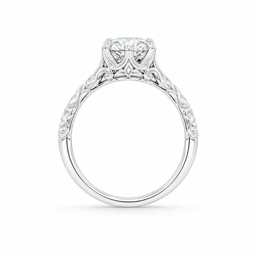 1.50 CT Round Lab-Grown Diamond Wedding Ring in 14K White Gold – Hand-Engraved Vintage Carved Solitaire Design