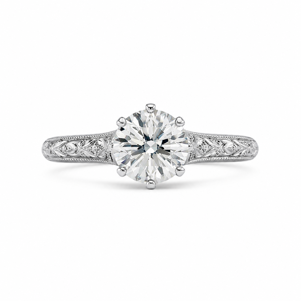 1.50 CT Round Lab-Grown Diamond Wedding Ring in 14K White Gold – Hand-Engraved Vintage Carved Solitaire Design