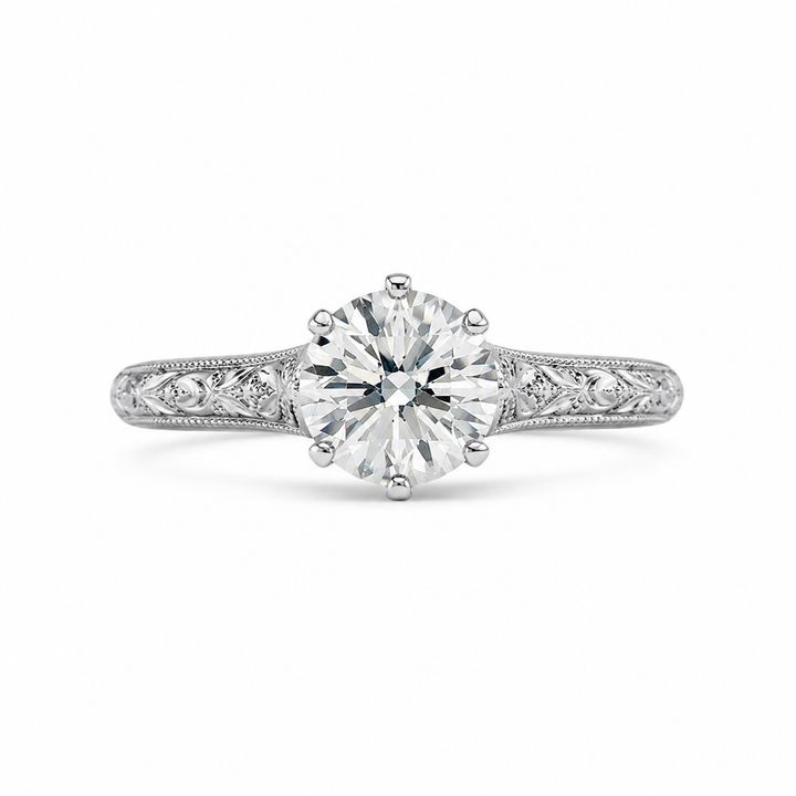 1.50 CT Round Lab-Grown Diamond Wedding Ring in 14K White Gold â€“ Hand-Engraved Vintage Carved Solitaire Design from Diamond Studio