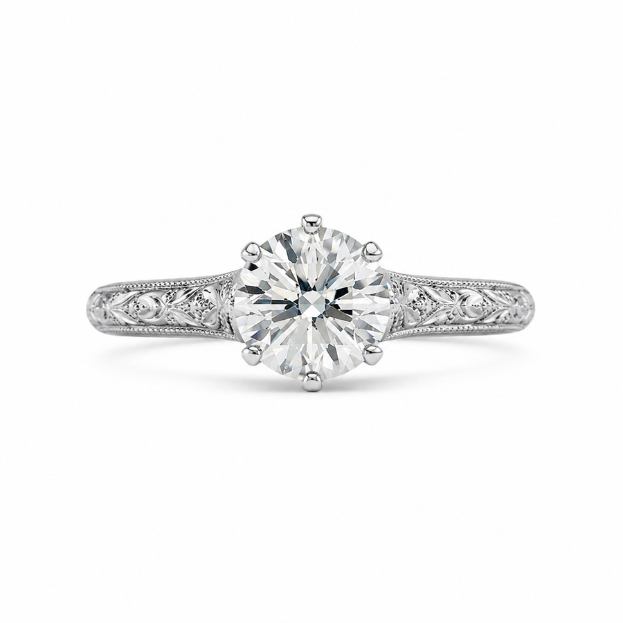 1.50 CT Round Lab-Grown Diamond Wedding Ring in 14K White Gold – Hand-Engraved Vintage Carved Solitaire Design