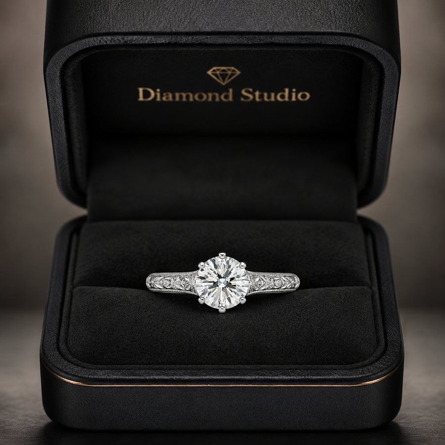 1.50 CT Round Lab-Grown Diamond Wedding Ring in 14K White Gold – Hand-Engraved Vintage Carved Solitaire Design