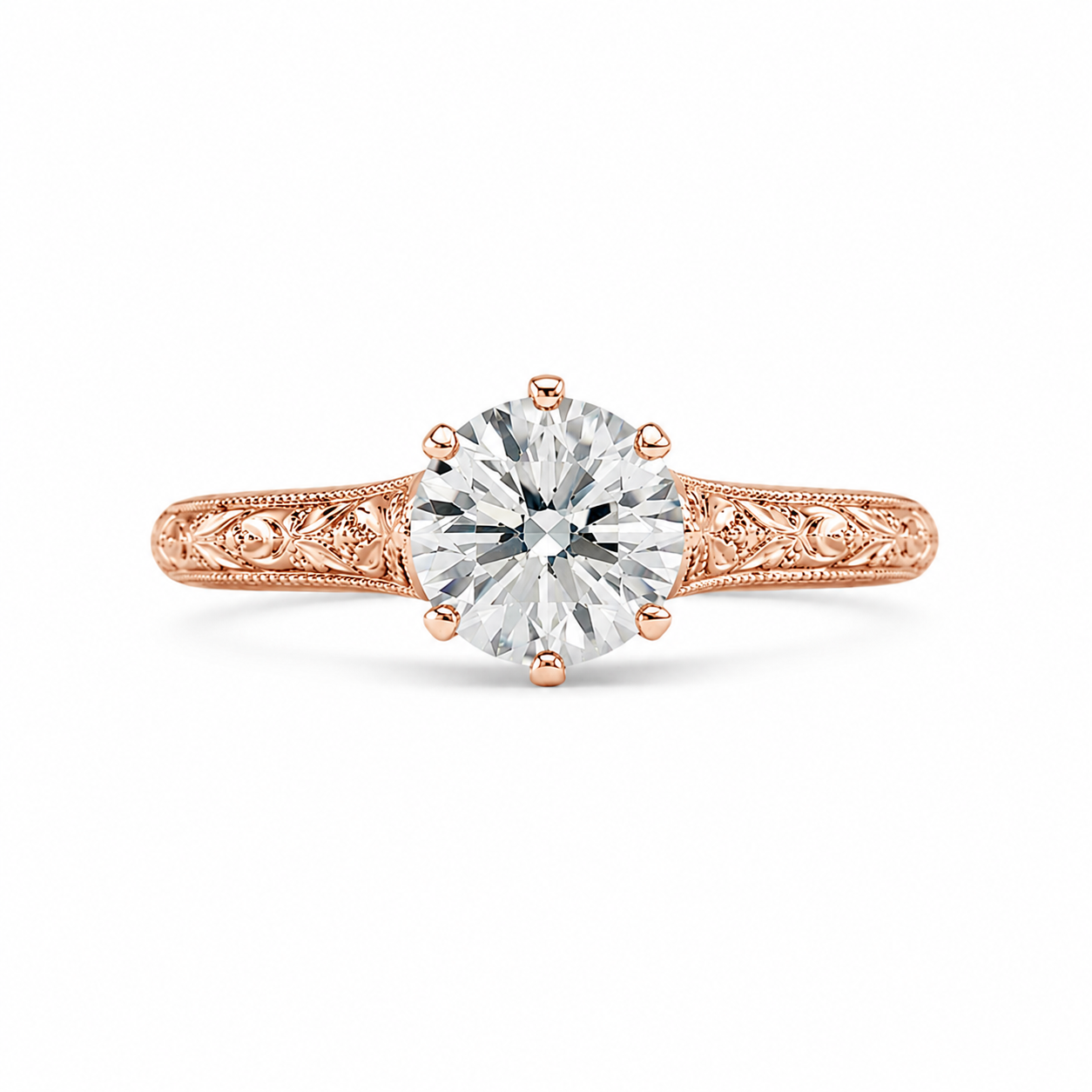 1.50 CT Round Lab-Grown Diamond Wedding Ring in 14K White Gold – Hand-Engraved Vintage Carved Solitaire Design