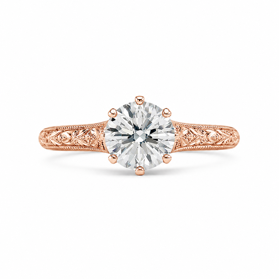 1.50 CT Round Lab-Grown Diamond Wedding Ring in 14K White Gold – Hand-Engraved Vintage Carved Solitaire Design
