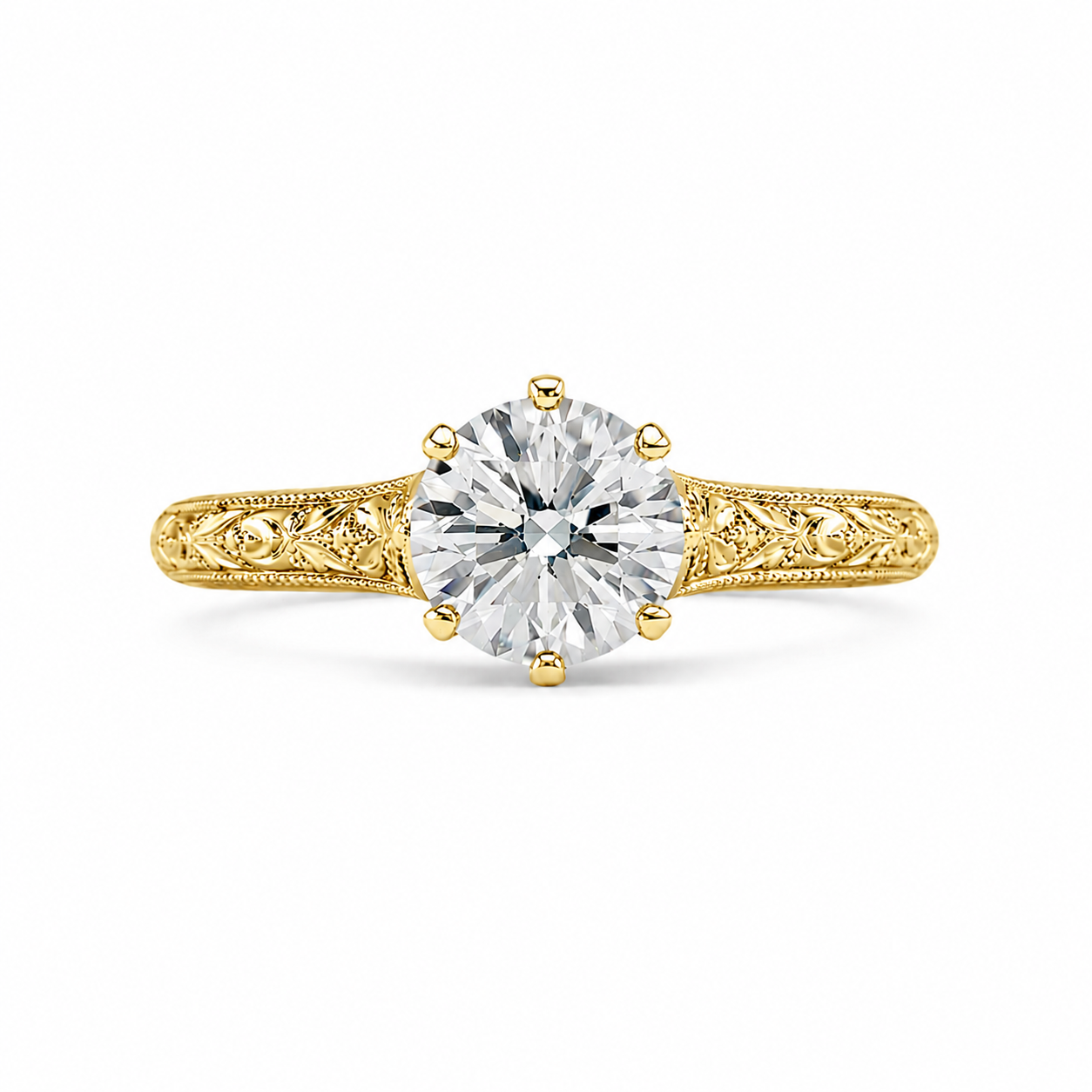1.50 CT Round Lab-Grown Diamond Wedding Ring in 14K White Gold – Hand-Engraved Vintage Carved Solitaire Design