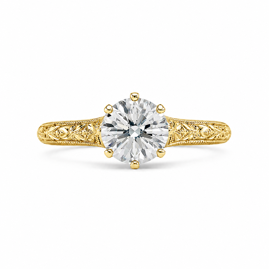 1.50 CT Round Lab-Grown Diamond Wedding Ring in 14K White Gold – Hand-Engraved Vintage Carved Solitaire Design