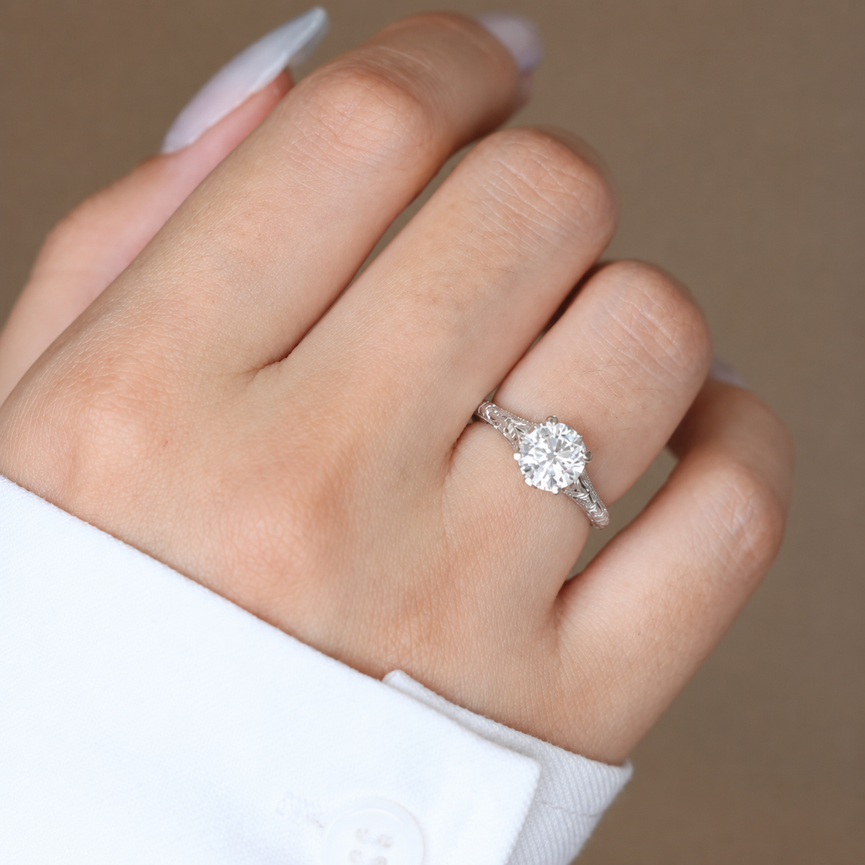 1.50 CT Round Lab-Grown Diamond Wedding Ring in 14K White Gold – Hand-Engraved Vintage Carved Solitaire Design