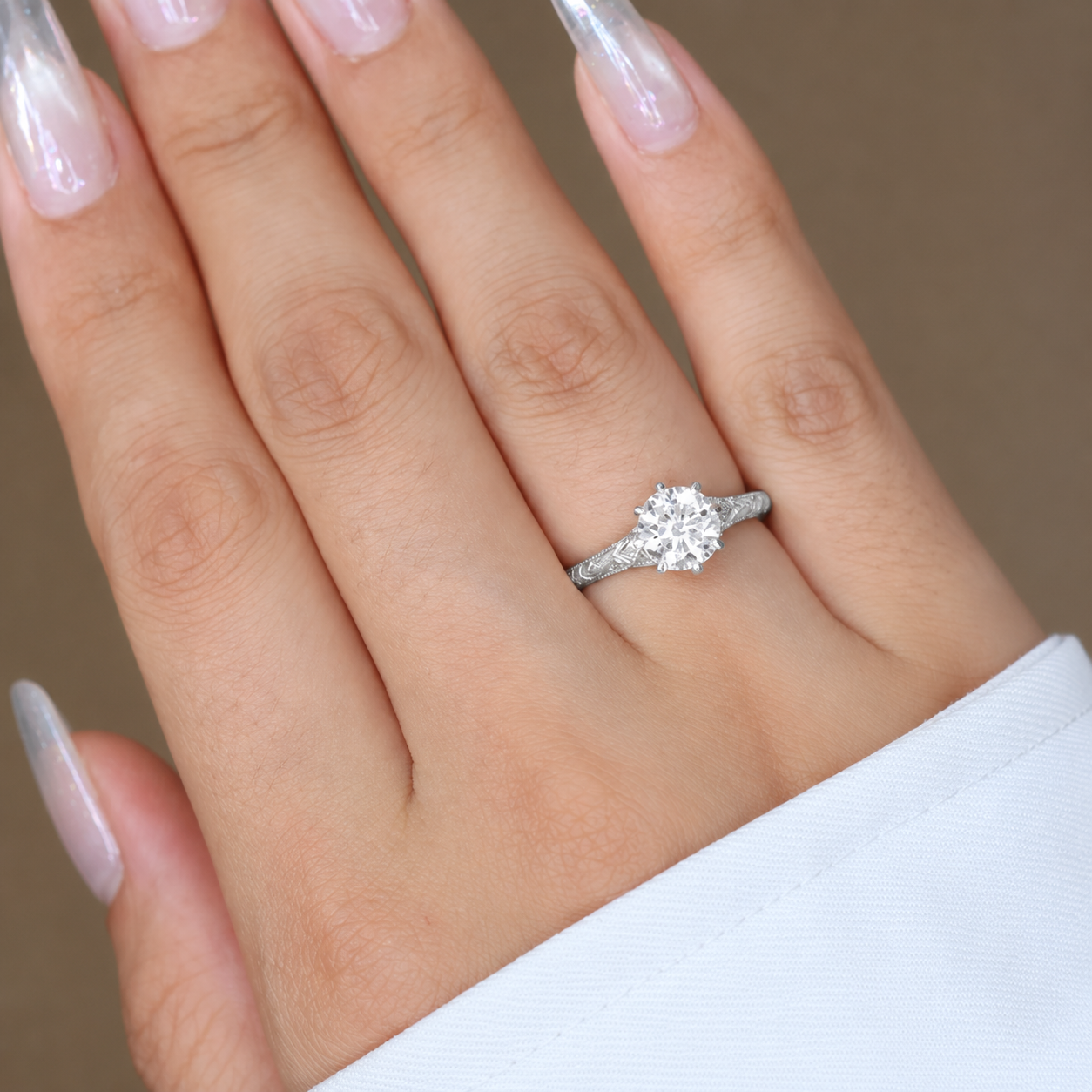 1.50 CT Round Lab-Grown Diamond Wedding Ring in 14K White Gold – Hand-Engraved Vintage Carved Solitaire Design