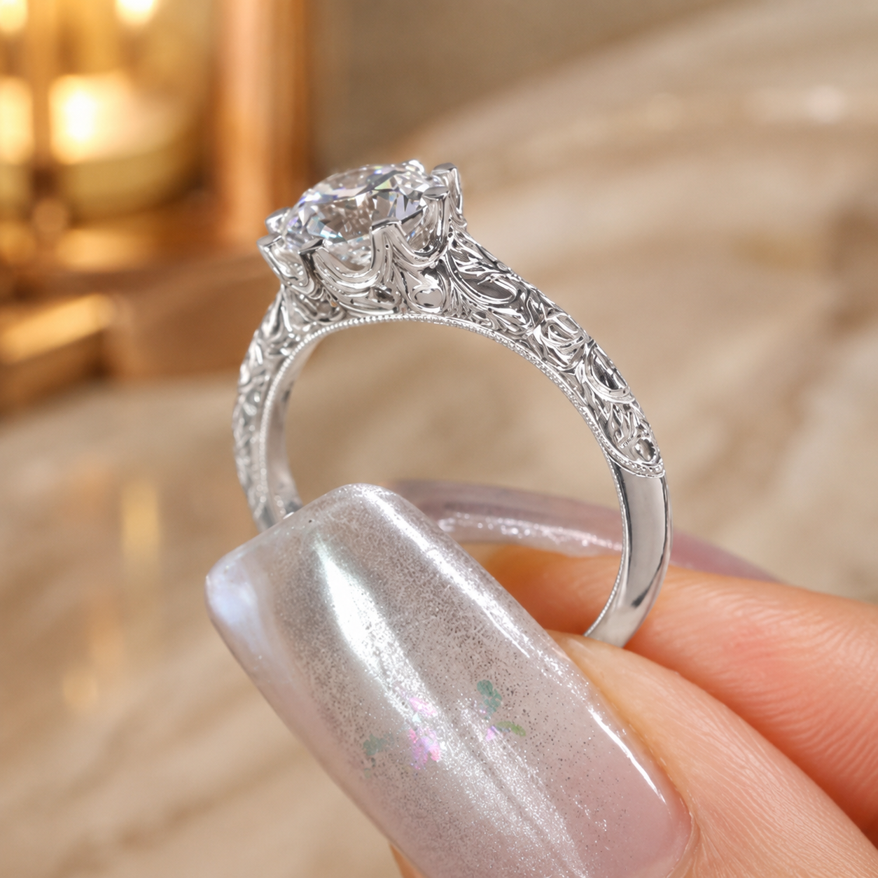 1.50 CT Round Lab-Grown Diamond Wedding Ring in 14K White Gold – Hand-Engraved Vintage Carved Solitaire Design