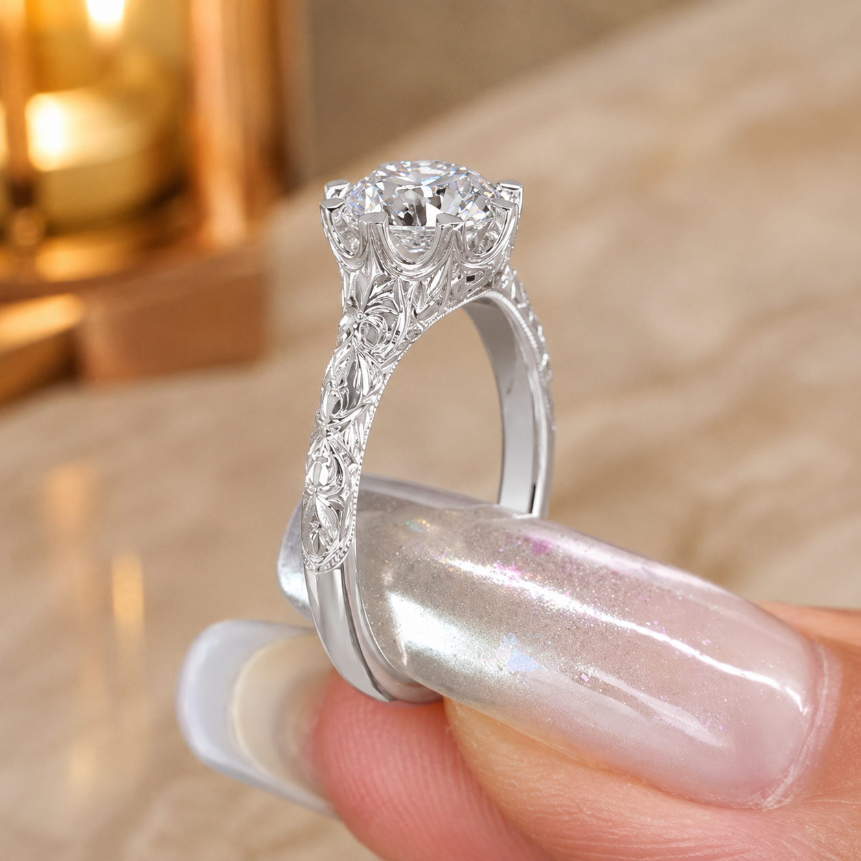 1.50 CT Round Lab-Grown Diamond Wedding Ring in 14K White Gold – Hand-Engraved Vintage Carved Solitaire Design