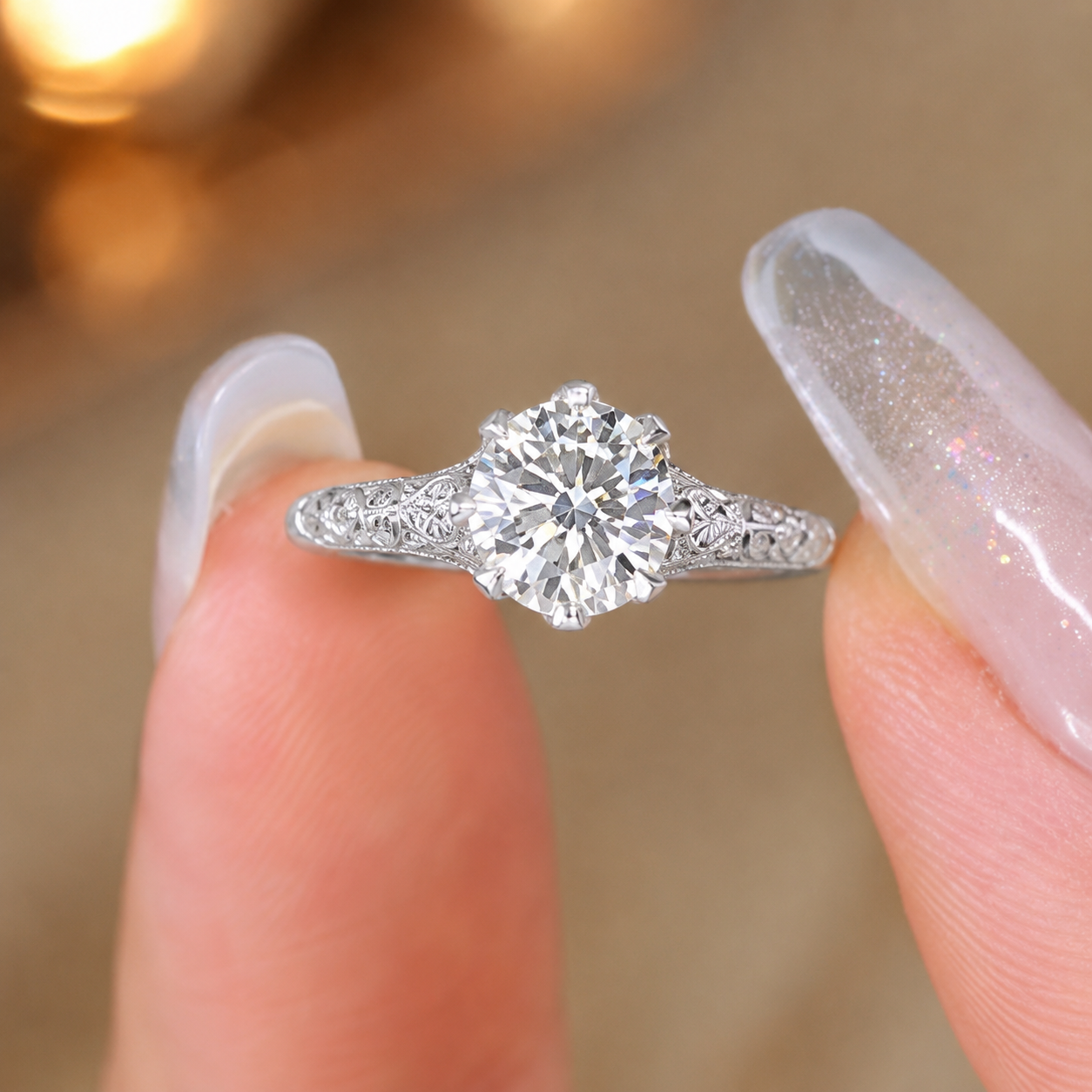 1.50 CT Round Lab-Grown Diamond Wedding Ring in 14K White Gold – Hand-Engraved Vintage Carved Solitaire Design