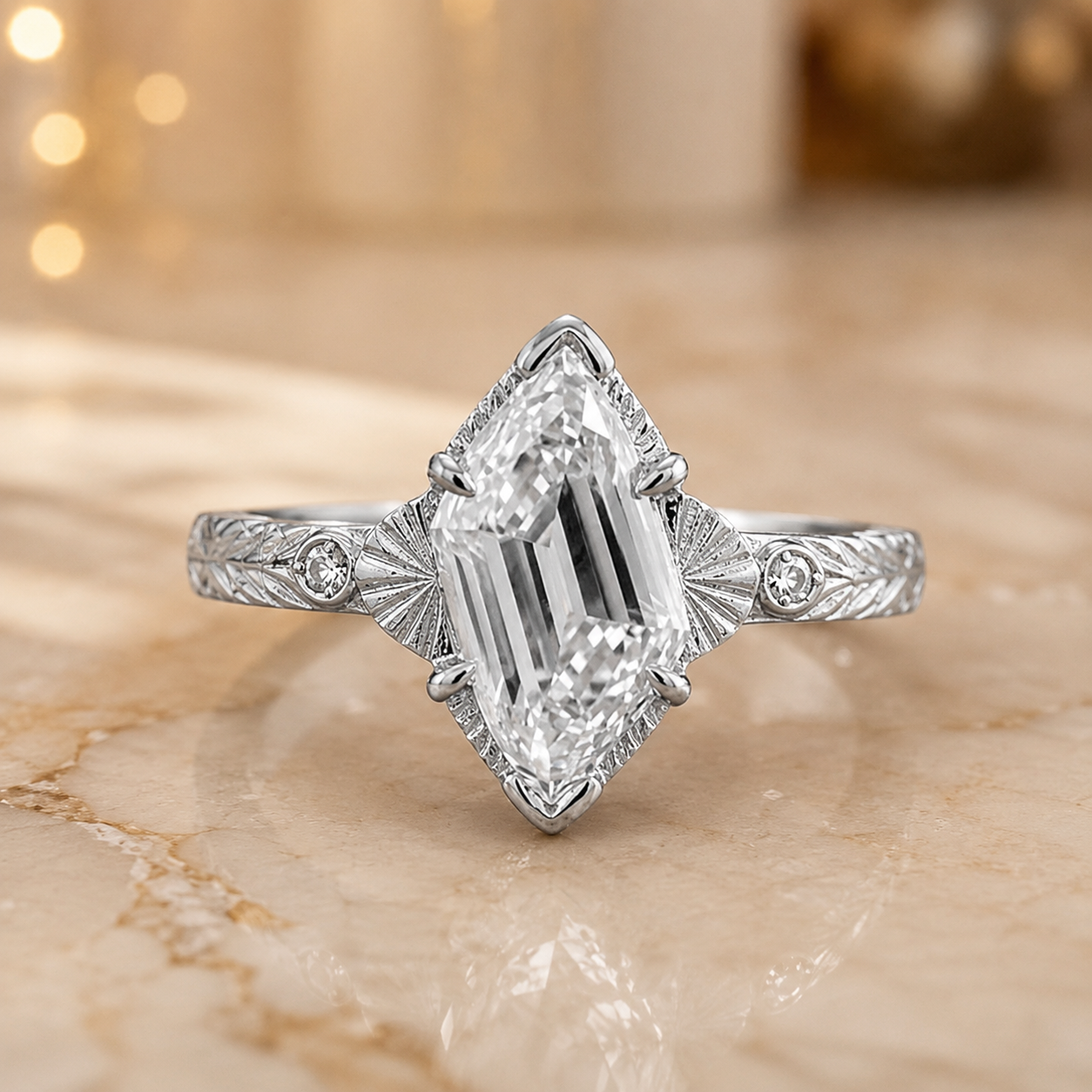 3.00 CT Edwardian Art Deco Lab-Grown Diamond Engagement Ring in 14K White Gold – Flame Cut Vintage Engraved Design