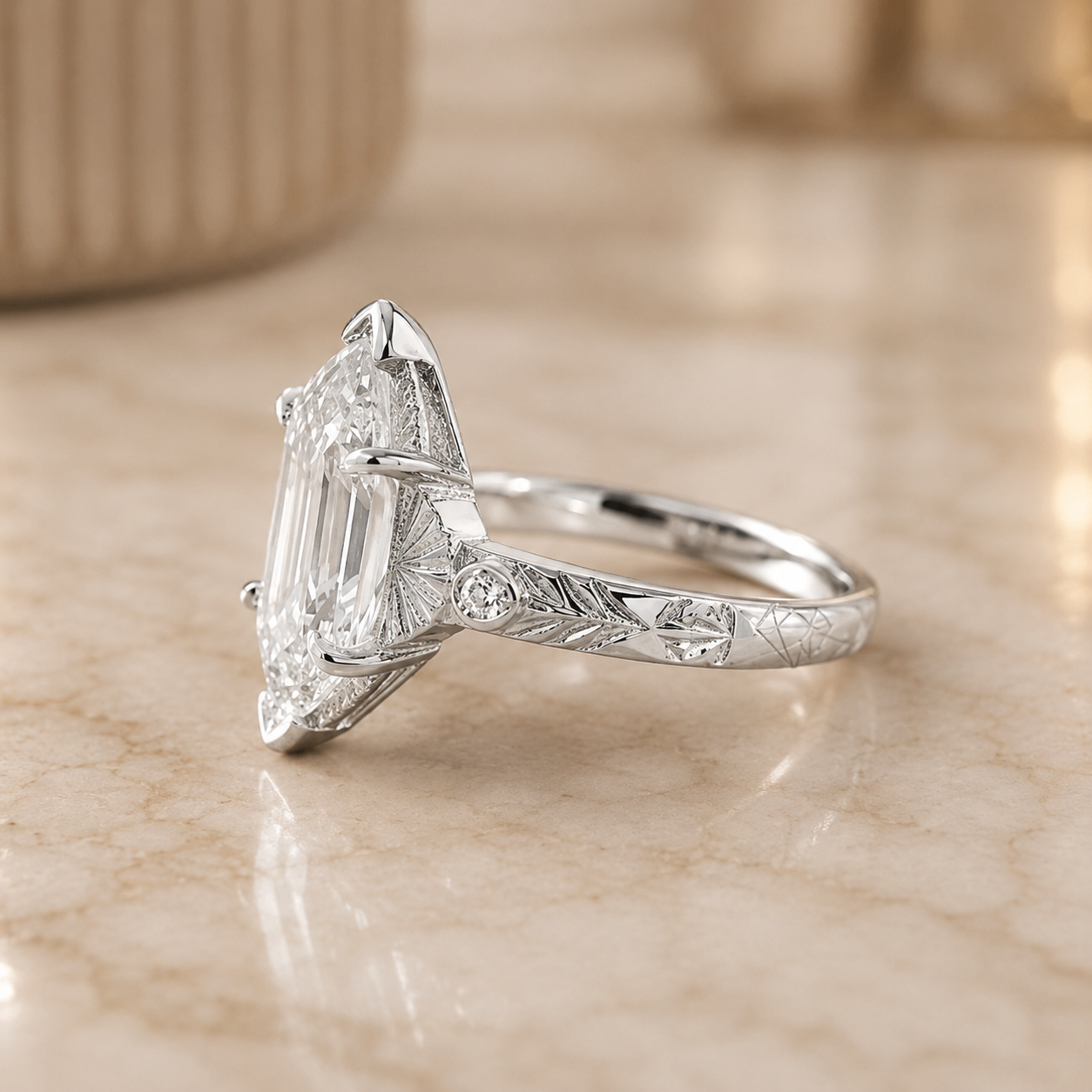 3.00 CT Edwardian Art Deco Lab-Grown Diamond Engagement Ring in 14K White Gold – Flame Cut Vintage Engraved Design
