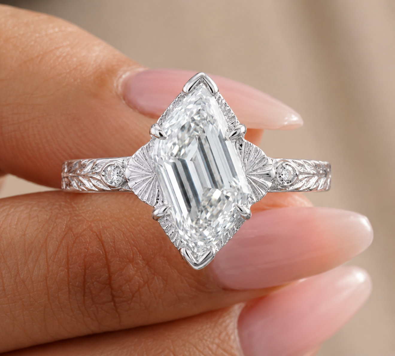 3.00 CT Edwardian Art Deco Lab-Grown Diamond Engagement Ring in 14K White Gold – Flame Cut Vintage Engraved Design