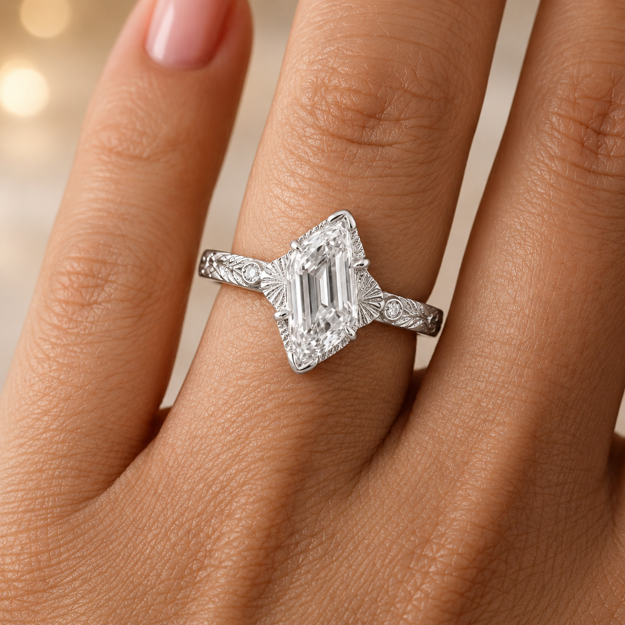 3.00 CT Edwardian Art Deco Lab-Grown Diamond Engagement Ring in 14K White Gold – Flame Cut Vintage Engraved Design