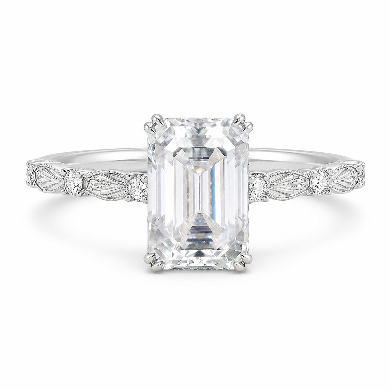1.00 CT Emerald Cut Lab-Grown Diamond Engagement Ring in 14K White Gold – Hidden Halo Engraved Solitaire Design