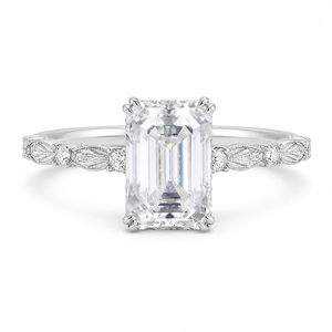 1.00 CT Emerald Cut Lab-Grown Diamond Engagement Ring in 14K White Gold – Hidden Halo Engraved Solitaire Design