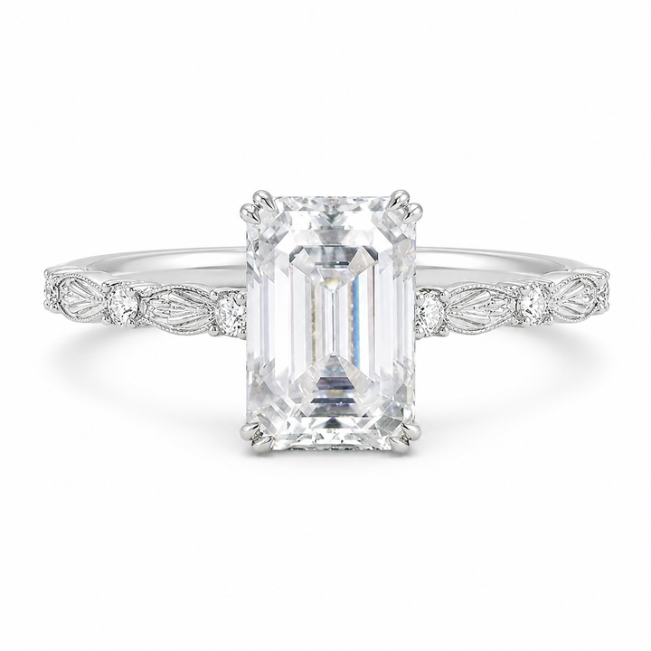 1.00 CT Emerald Cut Lab-Grown Diamond Engagement Ring in 14K White Gold â€“ Hidden Halo Engraved Solitaire Design from Diamond Studio