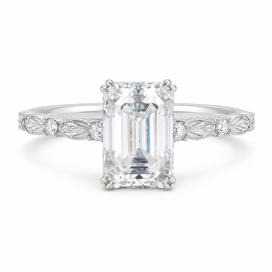 1.00 CT Emerald Cut Lab-Grown Diamond Engagement Ring in 14K White Gold – Hidden Halo Engraved Solitaire Design