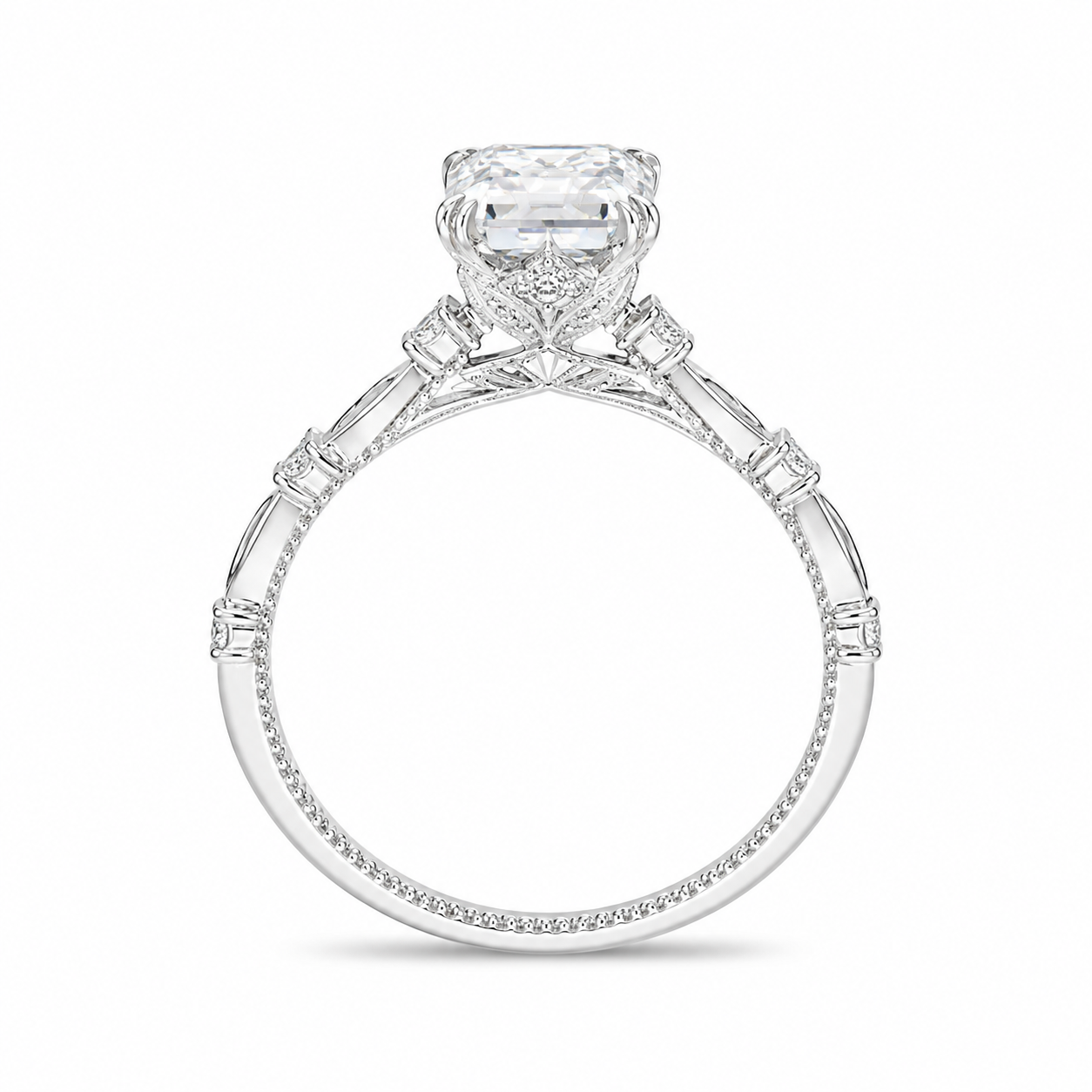 1.00 CT Emerald Cut Lab-Grown Diamond Engagement Ring in 14K White Gold – Hidden Halo Engraved Solitaire Design