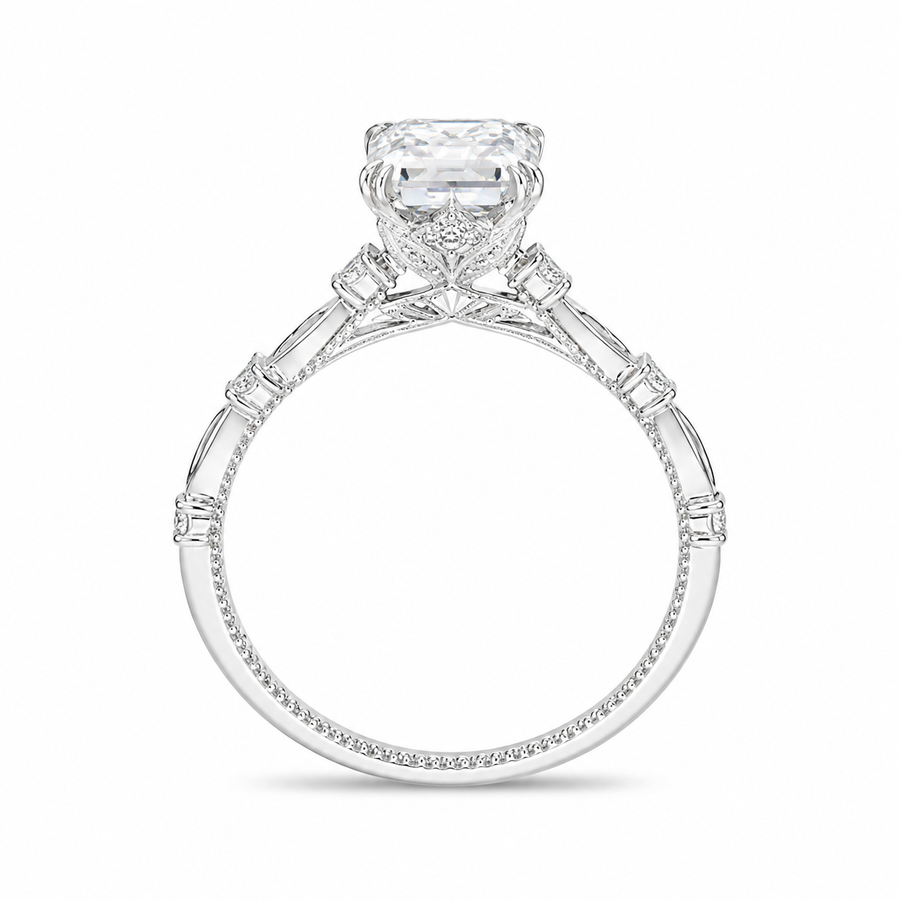 1.00 CT Emerald Cut Lab-Grown Diamond Engagement Ring in 14K White Gold – Hidden Halo Engraved Solitaire Design