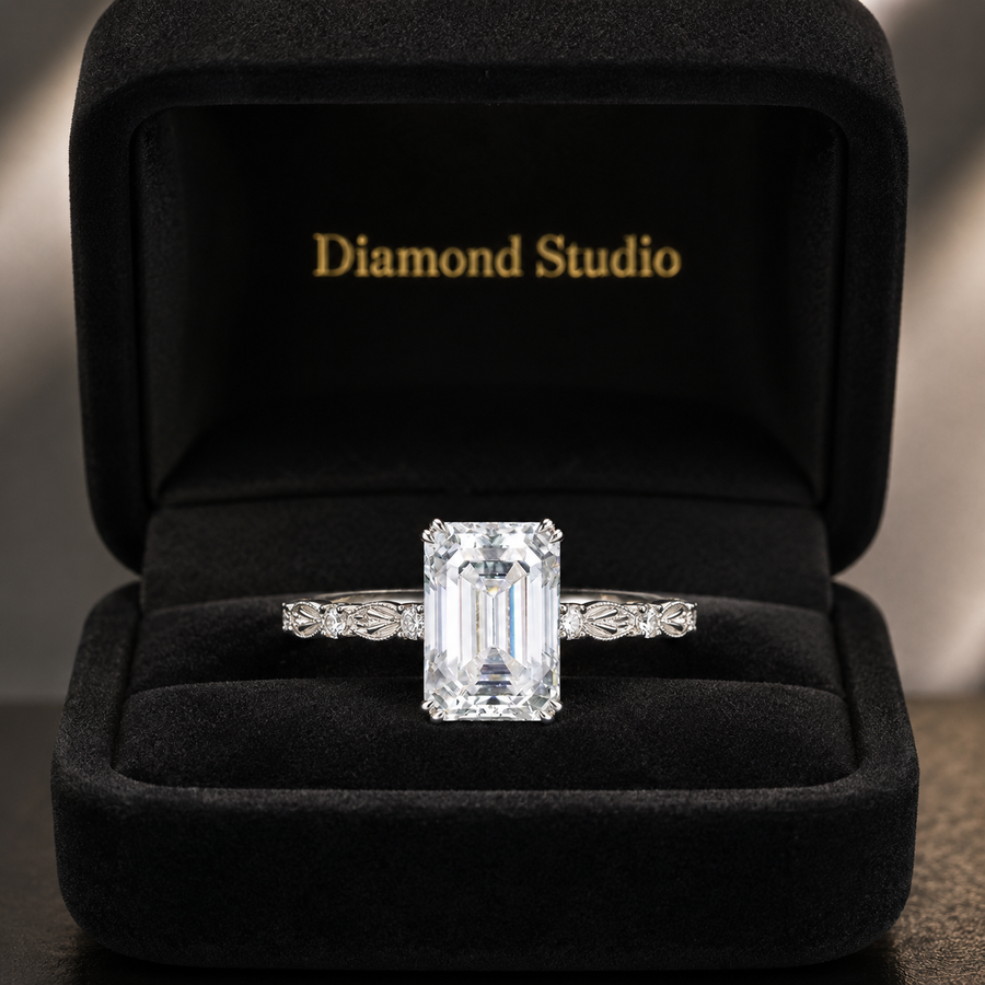 1.00 CT Emerald Cut Lab-Grown Diamond Engagement Ring in 14K White Gold – Hidden Halo Engraved Solitaire Design