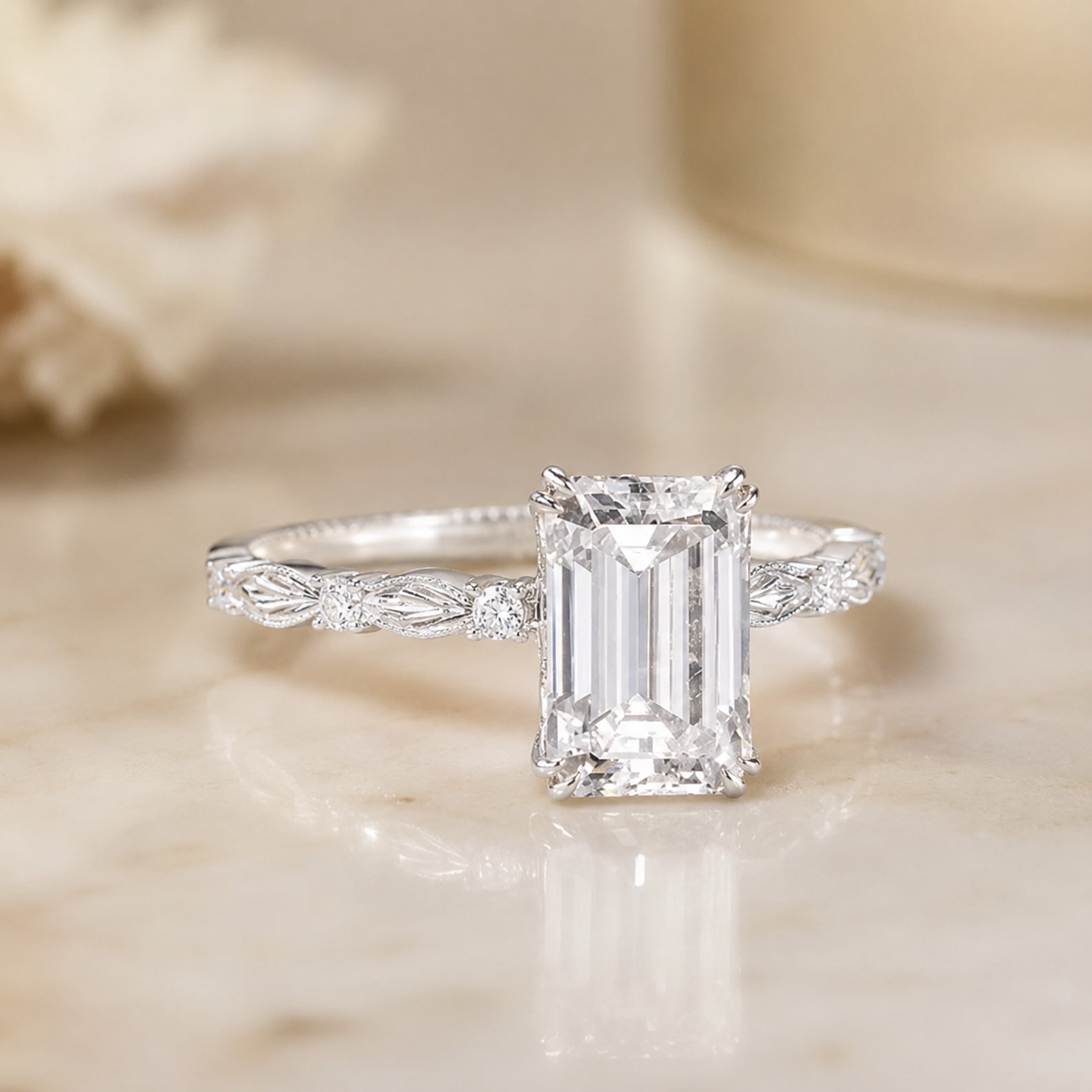 1.00 CT Emerald Cut Lab-Grown Diamond Engagement Ring in 14K White Gold – Hidden Halo Engraved Solitaire Design